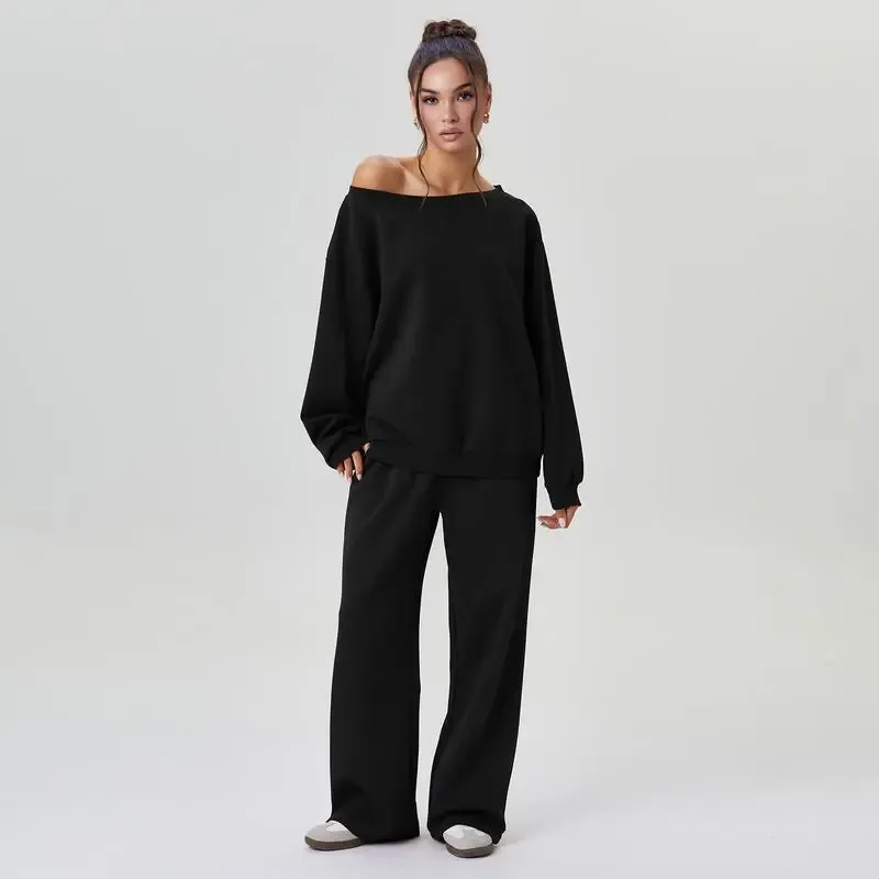 Sloping Shoulder Top & Wide Leg Pants Set