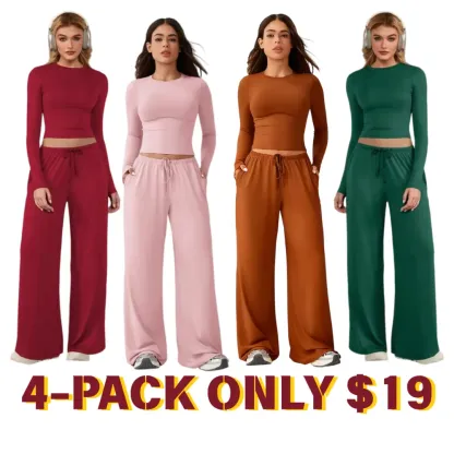 Women's long-sleeved top and wide-leg pants suit