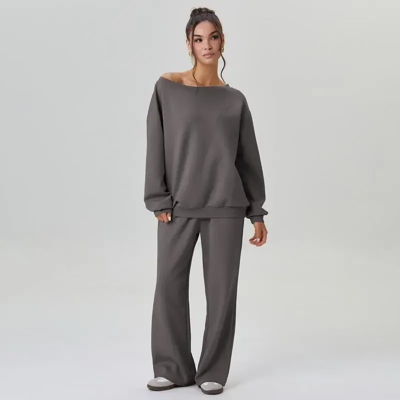 Sloping Shoulder Top & Wide Leg Pants Set
