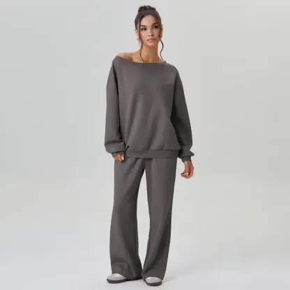 Sloping Shoulder Top & Wide Leg Pants Set