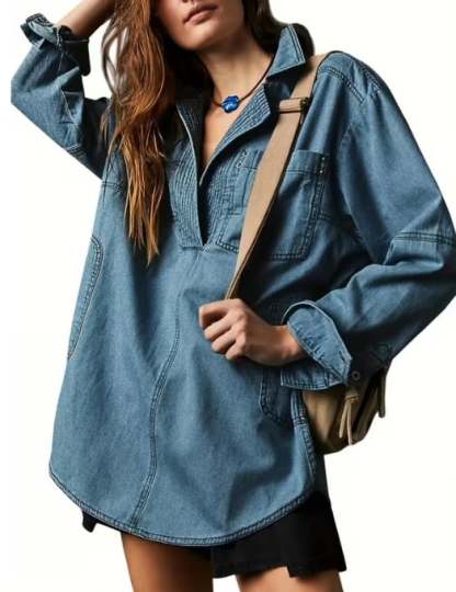 👖 Chic & Comfy Denim Pullover – Button V-Neck + Pockets for Everyday Style! 💙✨