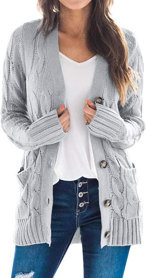 Women's Fall Casual Long Sleeve Button Down Open Front Cable Knit Cardigan