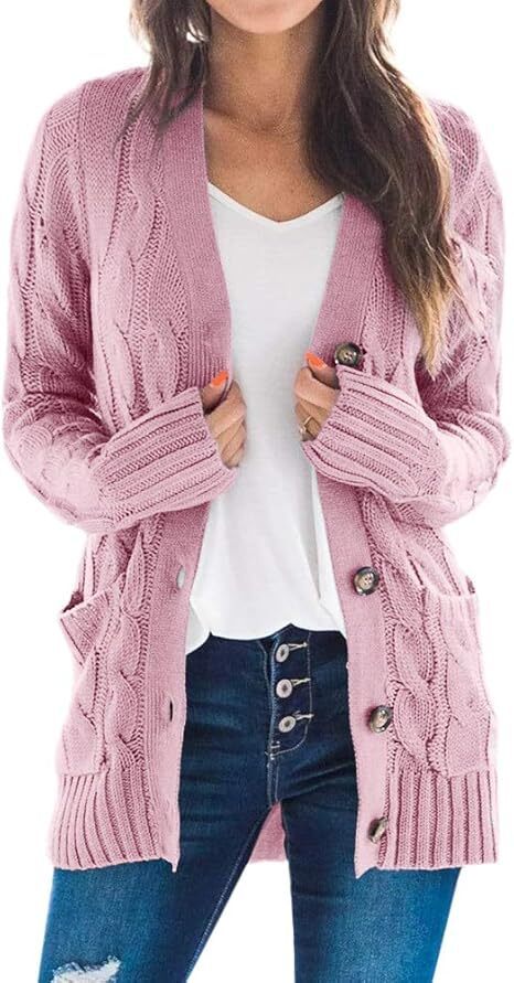 Women's Fall Casual Long Sleeve Button Down Open Front Cable Knit Cardigan