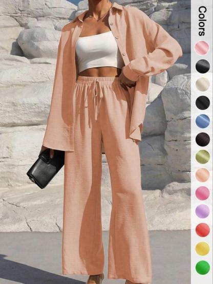 Women's Solid Button Front Shirt & Tie Front Wide Leg Pants Two-piece Set, Casual Loose Drop Shoulder Long Sleeve Top & Trousers for Spring & Fall
