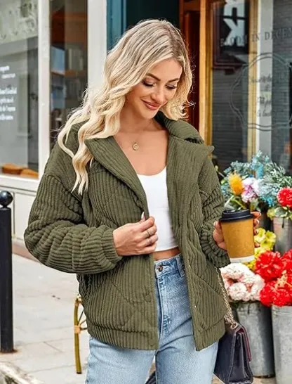 Women's Bomber Jacket Corduroy Ribbed Quilted Zip Up Long Sleeve Winter Coat Fall Outerwear Tops with Pockets ,PACKAGE SET