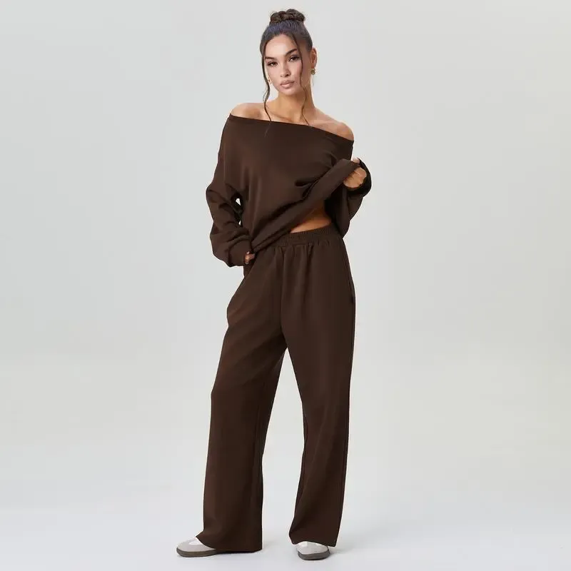 Sloping Shoulder Top & Wide Leg Pants Set