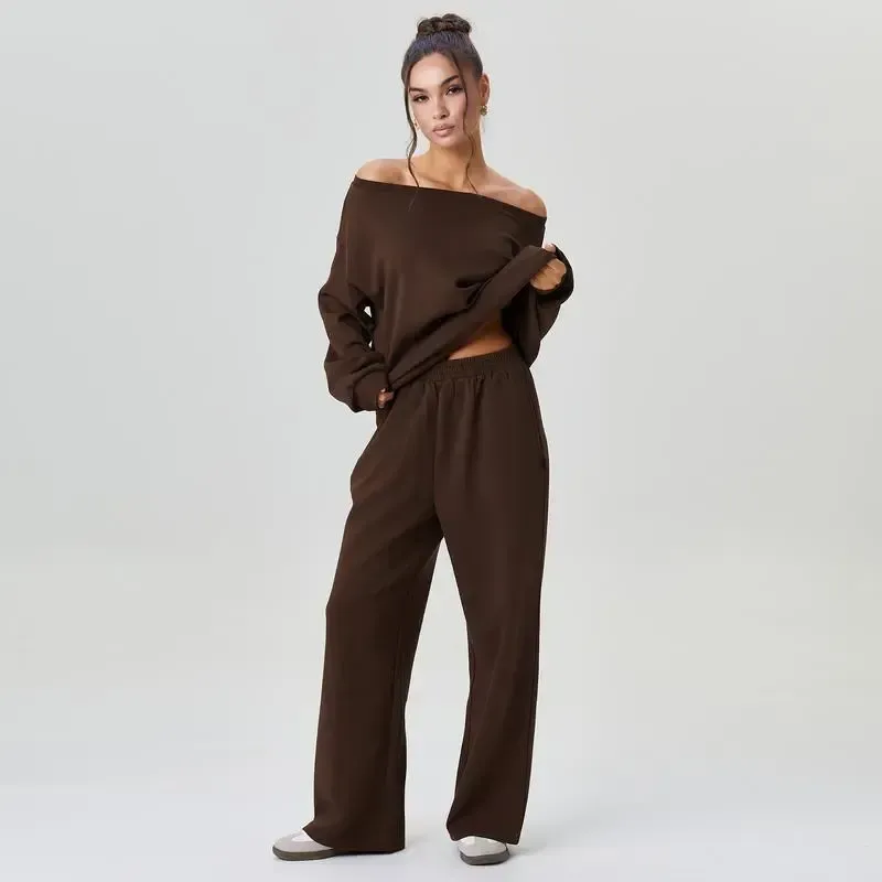 Sloping Shoulder Top & Wide Leg Pants Set