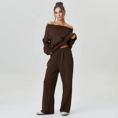 Sloping Shoulder Top & Wide Leg Pants Set