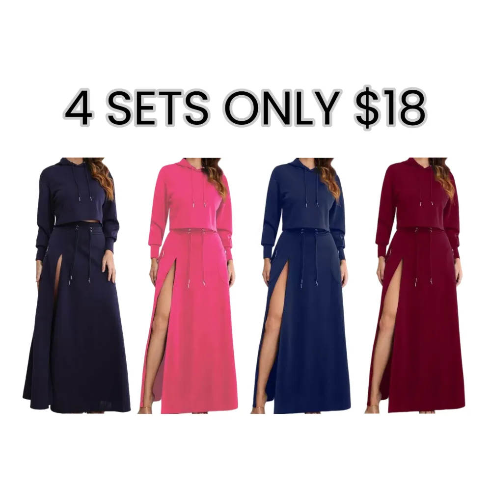 Women's Solid Drawstring Hoodie & Split Thigh Skirt Set, Long Sleeve Top & Pocket Long Skirt, Casual Fashion Cozy Co-ord Set, Women Clothes
