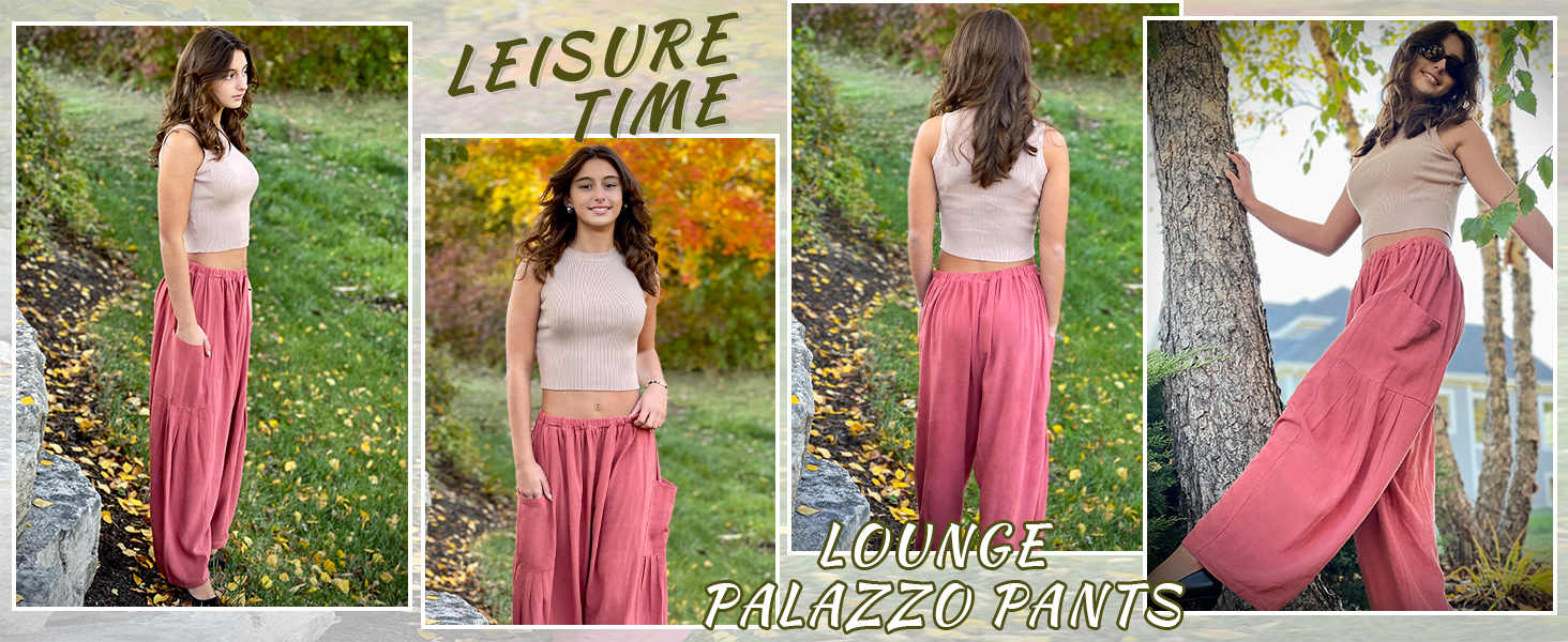 Feature ---Side Pockets / Wide Legs / Elastic Waist