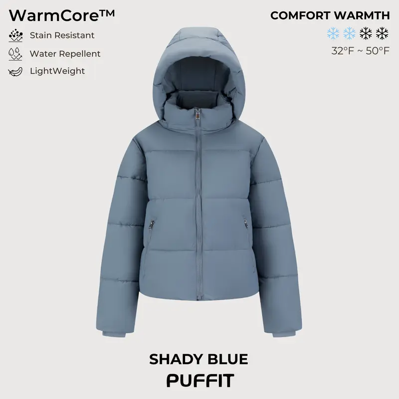 PUFFIT WarmCore Premium Short Puffer Jackets with Removable Hood & Optional Faux Fur Linging, Lady Casual Outerwear Longsleeves Zip Pockets Warm Quilted Coat