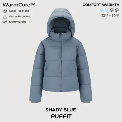 PUFFIT WarmCore Premium Short Puffer Jackets with Removable Hood & Optional Faux Fur Linging, Lady Casual Outerwear Longsleeves Zip Pockets Warm Quilted Coat
