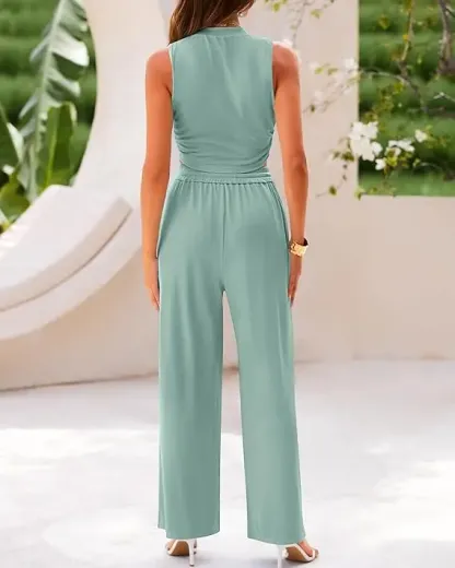 Women Summer 2 Piece Outfits 2026 Beach Crew Neck Sleeveless Cropped Top Elastic Waist Wide Leg Pants Lounge Set