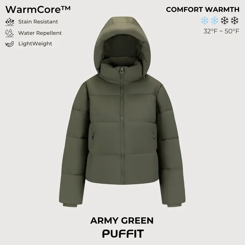 PUFFIT WarmCore Premium Short Puffer Jackets with Removable Hood & Optional Faux Fur Linging, Lady Casual Outerwear Longsleeves Zip Pockets Warm Quilted Coat