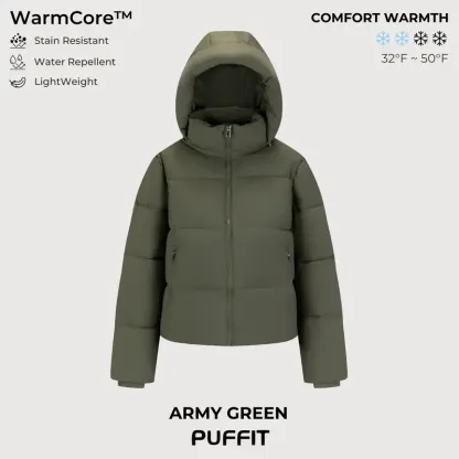 PUFFIT WarmCore Premium Short Puffer Jackets with Removable Hood & Optional Faux Fur Linging, Lady Casual Outerwear Longsleeves Zip Pockets Warm Quilted Coat