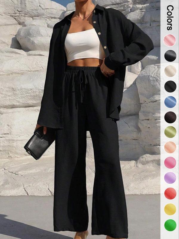 Women's Solid Button Front Shirt & Tie Front Wide Leg Pants Two-piece Set, Casual Loose Drop Shoulder Long Sleeve Top & Trousers for Spring & Fall