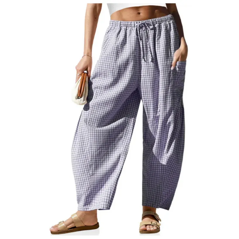 Womens Wide Leg Gingham Striped Plaid Pants