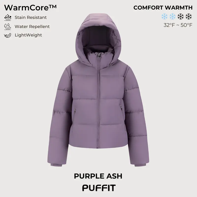 PUFFIT WarmCore Premium Short Puffer Jackets with Removable Hood & Optional Faux Fur Linging, Lady Casual Outerwear Longsleeves Zip Pockets Warm Quilted Coat