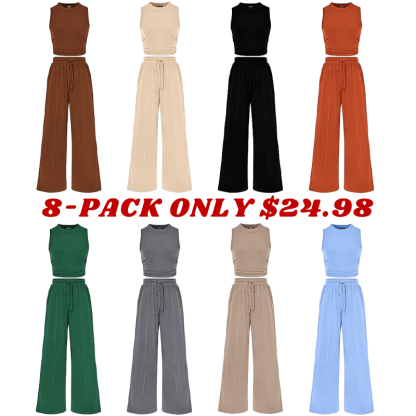 Women Summer 2 Piece Outfits 2026 Beach Crew Neck Sleeveless Cropped Top Elastic Waist Wide Leg Pants Lounge Set