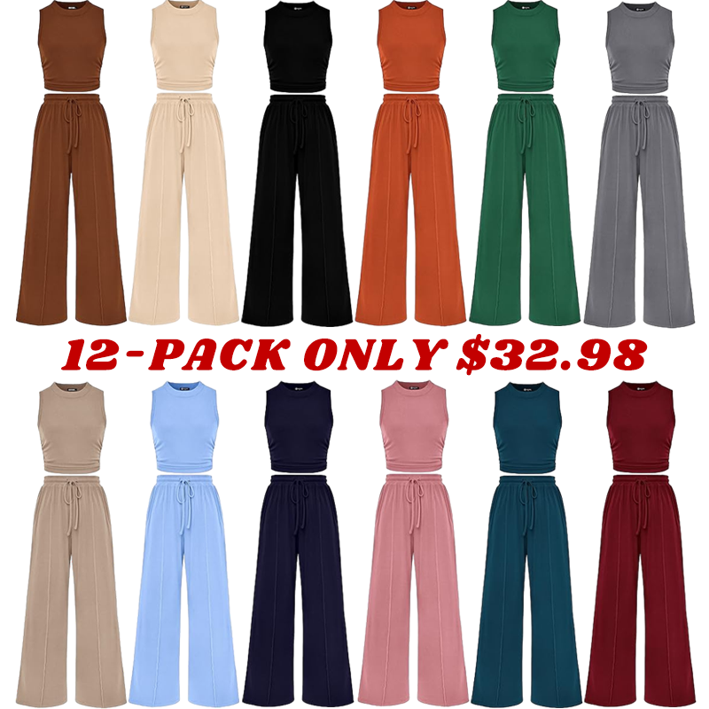 Women Summer 2 Piece Outfits 2026 Beach Crew Neck Sleeveless Cropped Top Elastic Waist Wide Leg Pants Lounge Set
