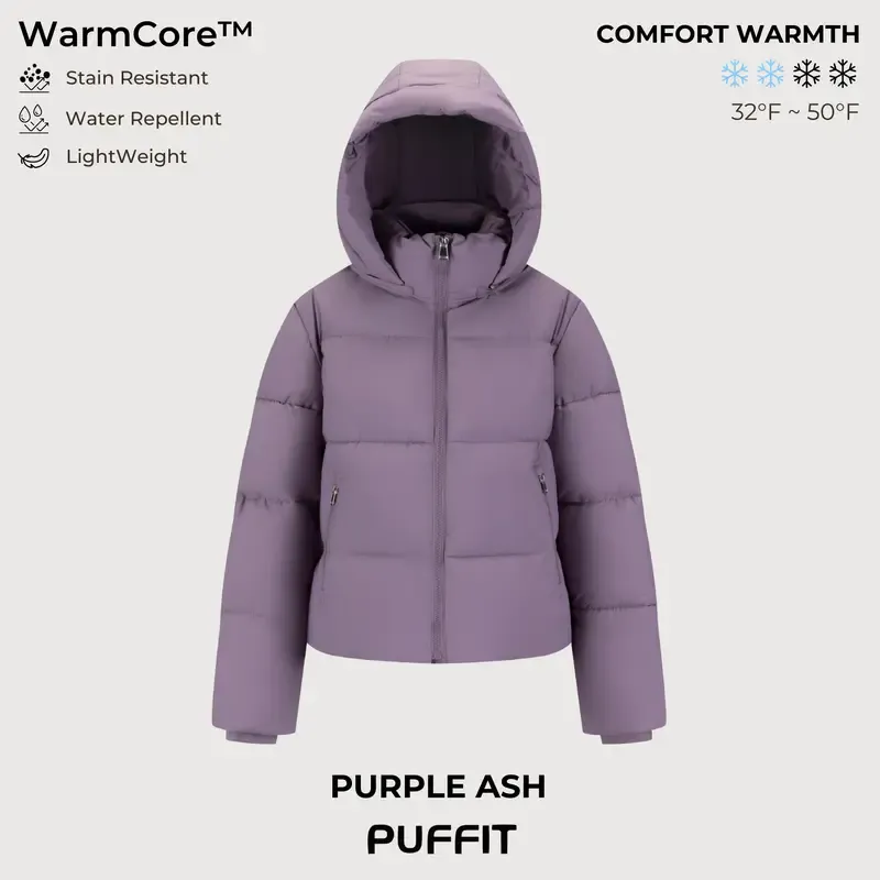 PUFFIT WarmCore Premium Short Puffer Jackets with Removable Hood & Optional Faux Fur Linging, Lady Casual Outerwear Longsleeves Zip Pockets Warm Quilted Coat