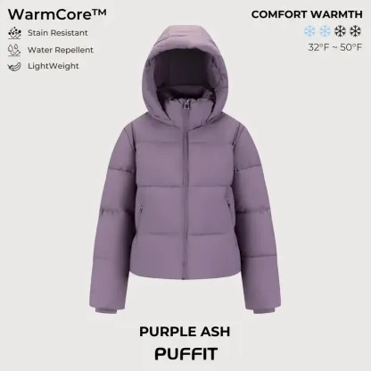 PUFFIT WarmCore Premium Short Puffer Jackets with Removable Hood & Optional Faux Fur Linging, Lady Casual Outerwear Longsleeves Zip Pockets Warm Quilted Coat