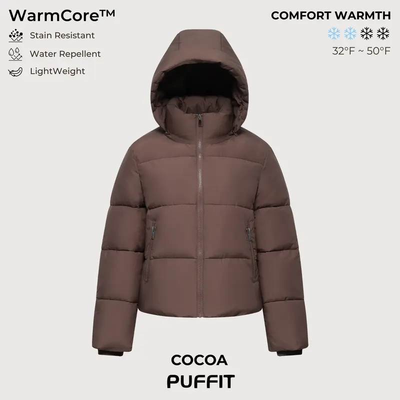 PUFFIT WarmCore Premium Short Puffer Jackets with Removable Hood & Optional Faux Fur Linging, Lady Casual Outerwear Longsleeves Zip Pockets Warm Quilted Coat