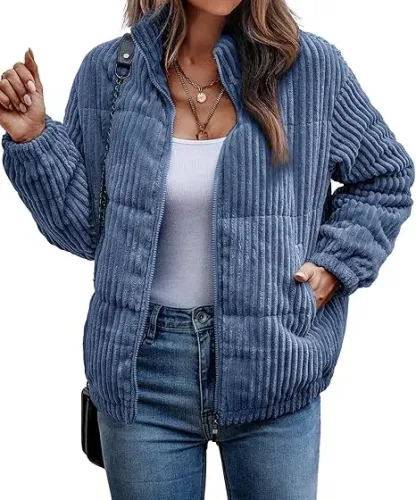 Women's Bomber Jacket Corduroy Ribbed Quilted Zip Up Long Sleeve Winter Coat Fall Outerwear Tops with Pockets ,PACKAGE SET