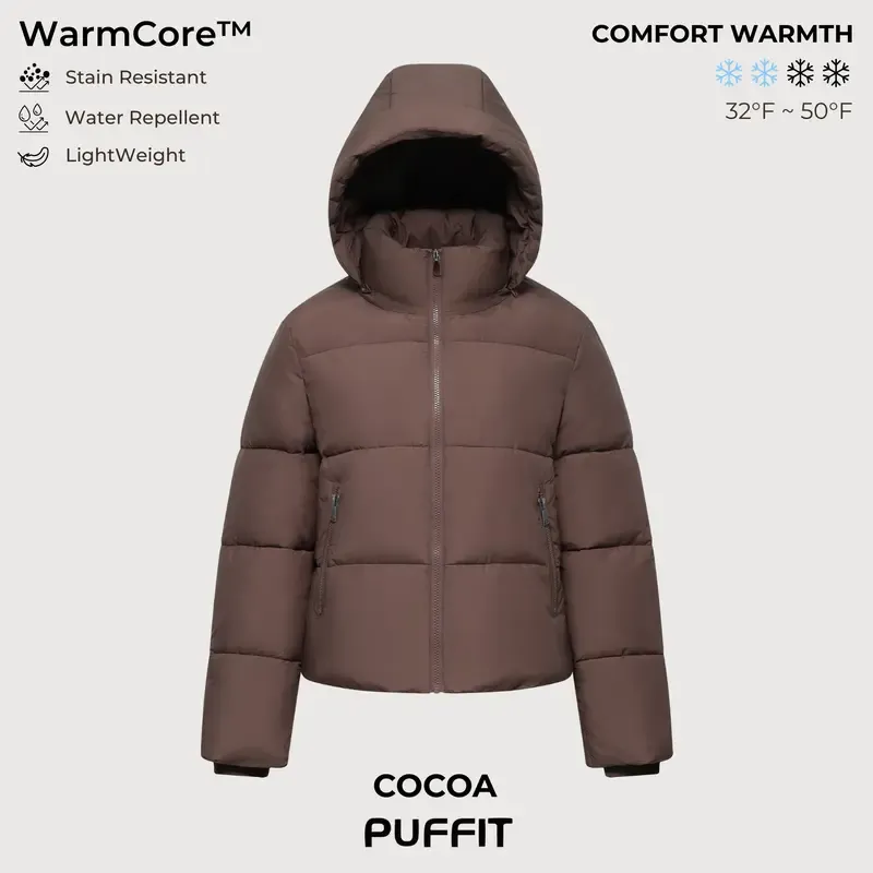 PUFFIT WarmCore Premium Short Puffer Jackets with Removable Hood & Optional Faux Fur Linging, Lady Casual Outerwear Longsleeves Zip Pockets Warm Quilted Coat