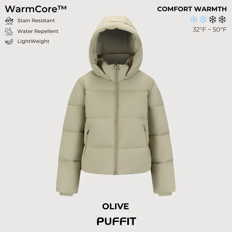 PUFFIT WarmCore Premium Short Puffer Jackets with Removable Hood & Optional Faux Fur Linging, Lady Casual Outerwear Longsleeves Zip Pockets Warm Quilted Coat