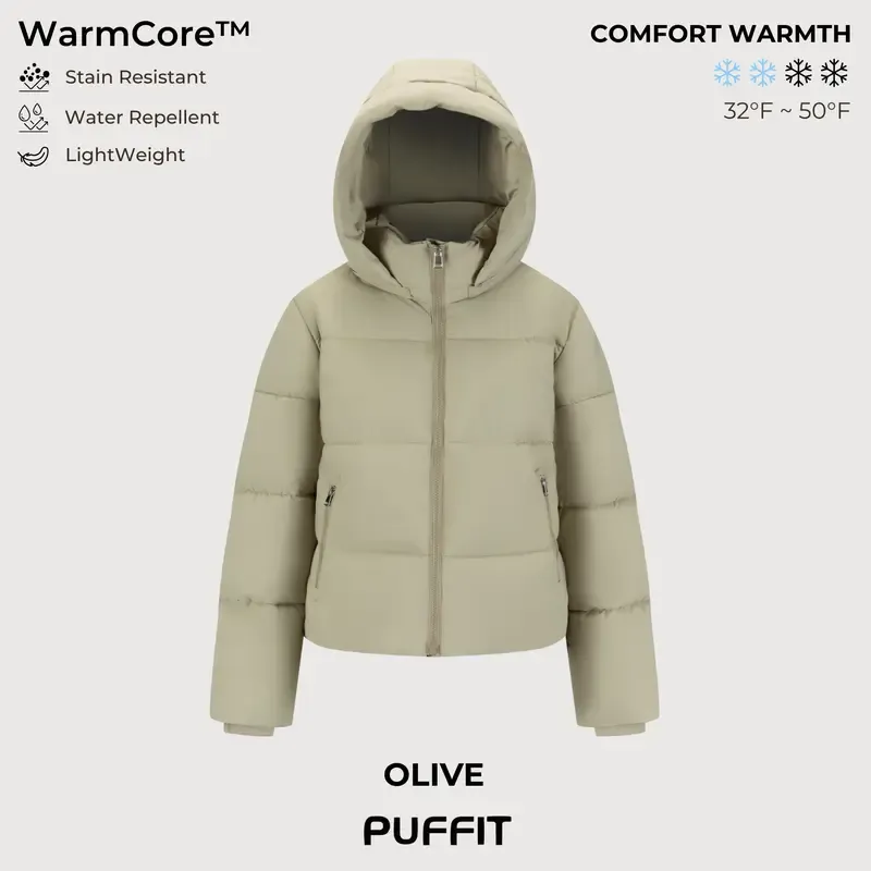 PUFFIT WarmCore Premium Short Puffer Jackets with Removable Hood & Optional Faux Fur Linging, Lady Casual Outerwear Longsleeves Zip Pockets Warm Quilted Coat