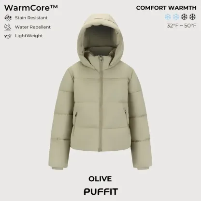 PUFFIT WarmCore Premium Short Puffer Jackets with Removable Hood & Optional Faux Fur Linging, Lady Casual Outerwear Longsleeves Zip Pockets Warm Quilted Coat