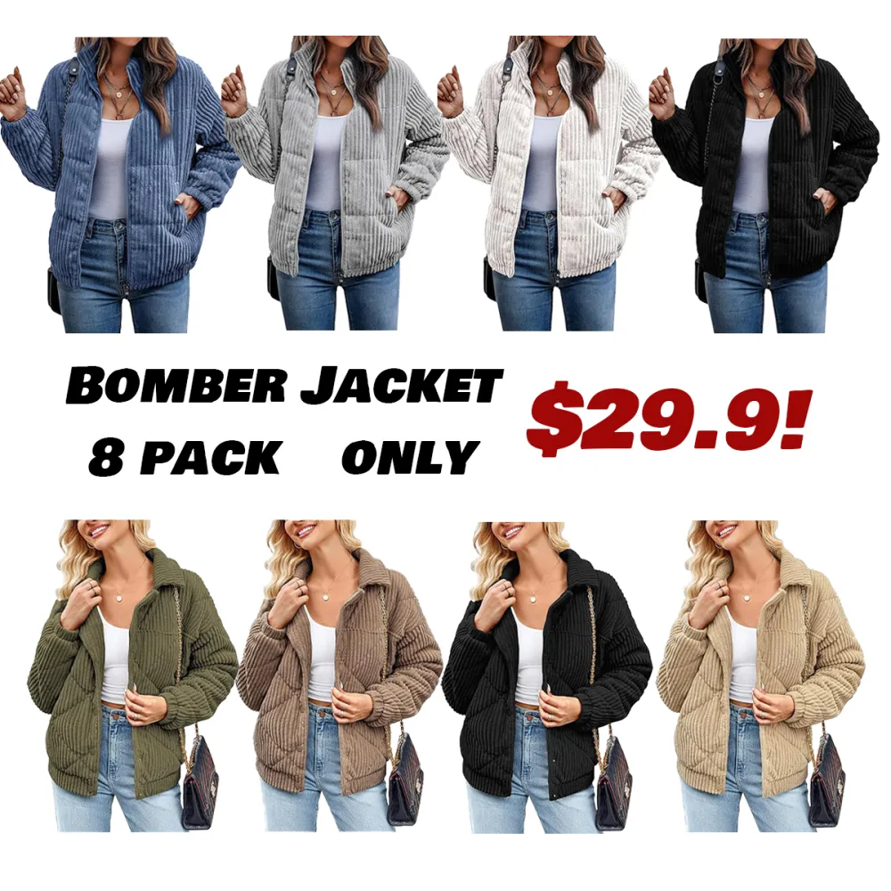 Women's Bomber Jacket Corduroy Ribbed Quilted Zip Up Long Sleeve Winter Coat Fall Outerwear Tops with Pockets ,PACKAGE SET