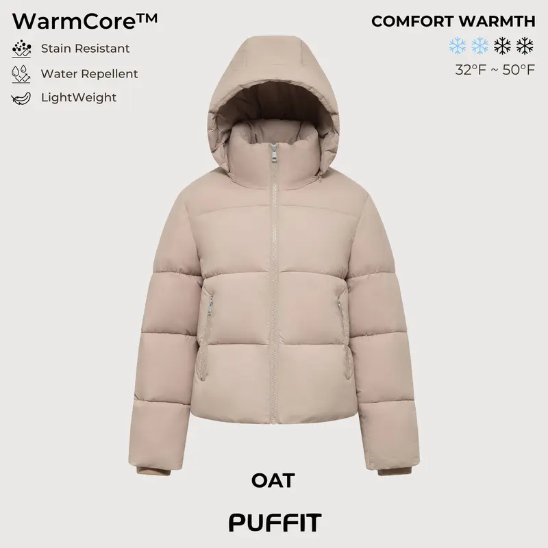PUFFIT WarmCore Premium Short Puffer Jackets with Removable Hood & Optional Faux Fur Linging, Lady Casual Outerwear Longsleeves Zip Pockets Warm Quilted Coat