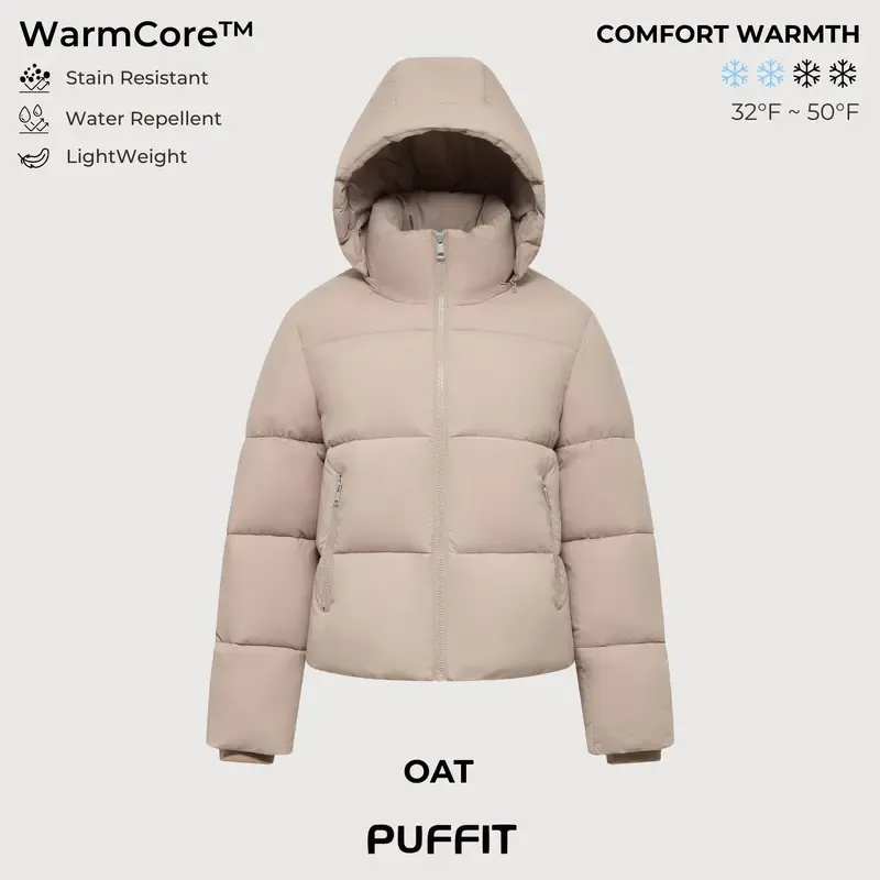 PUFFIT WarmCore Premium Short Puffer Jackets with Removable Hood & Optional Faux Fur Linging, Lady Casual Outerwear Longsleeves Zip Pockets Warm Quilted Coat