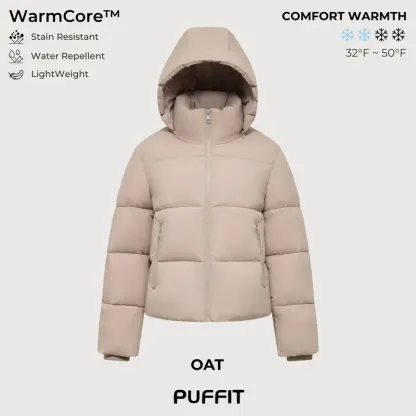 PUFFIT WarmCore Premium Short Puffer Jackets with Removable Hood & Optional Faux Fur Linging, Lady Casual Outerwear Longsleeves Zip Pockets Warm Quilted Coat