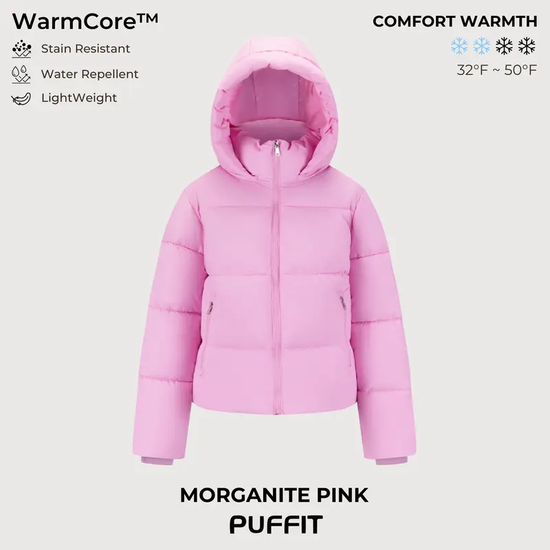 PUFFIT WarmCore Premium Short Puffer Jackets with Removable Hood & Optional Faux Fur Linging, Lady Casual Outerwear Longsleeves Zip Pockets Warm Quilted Coat