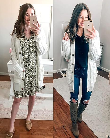 Women's Fall Casual Long Sleeve Button Down Open Front Cable Knit Cardigan