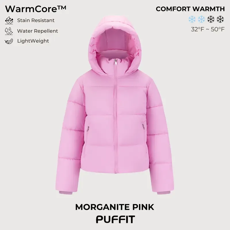 PUFFIT WarmCore Premium Short Puffer Jackets with Removable Hood & Optional Faux Fur Linging, Lady Casual Outerwear Longsleeves Zip Pockets Warm Quilted Coat