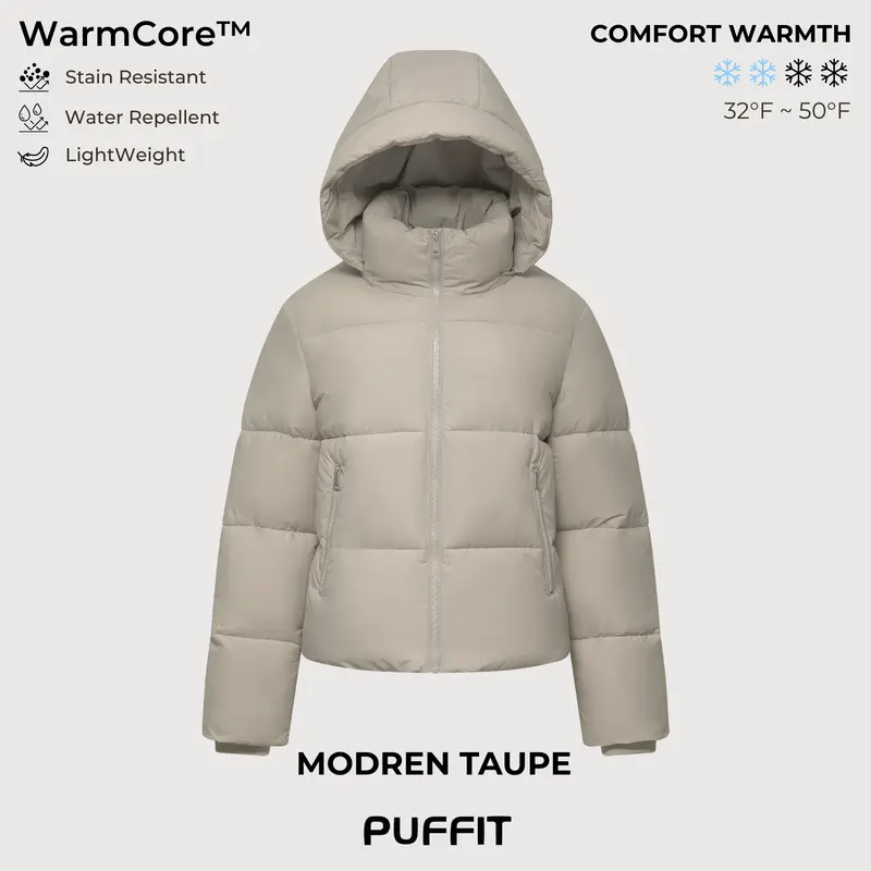 PUFFIT WarmCore Premium Short Puffer Jackets with Removable Hood & Optional Faux Fur Linging, Lady Casual Outerwear Longsleeves Zip Pockets Warm Quilted Coat