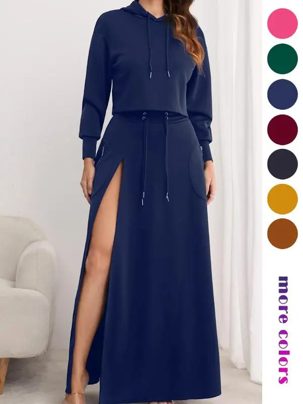 Women's Solid Drawstring Hoodie & Split Thigh Skirt Set, Long Sleeve Top & Pocket Long Skirt, Casual Fashion Cozy Co-ord Set, Women Clothes