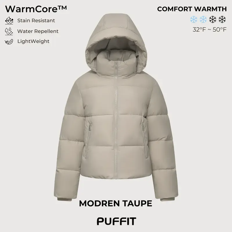 PUFFIT WarmCore Premium Short Puffer Jackets with Removable Hood & Optional Faux Fur Linging, Lady Casual Outerwear Longsleeves Zip Pockets Warm Quilted Coat