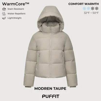 PUFFIT WarmCore Premium Short Puffer Jackets with Removable Hood & Optional Faux Fur Linging, Lady Casual Outerwear Longsleeves Zip Pockets Warm Quilted Coat