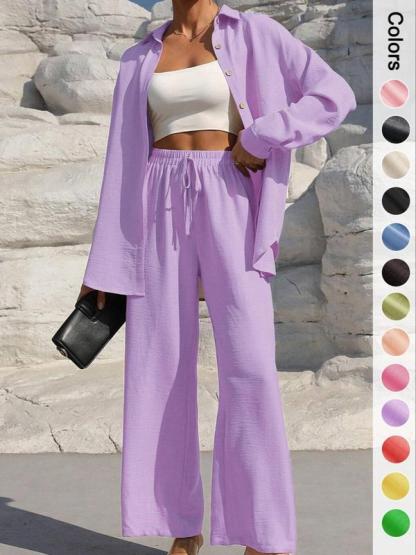 Women's Solid Button Front Shirt & Tie Front Wide Leg Pants Two-piece Set, Casual Loose Drop Shoulder Long Sleeve Top & Trousers for Spring & Fall