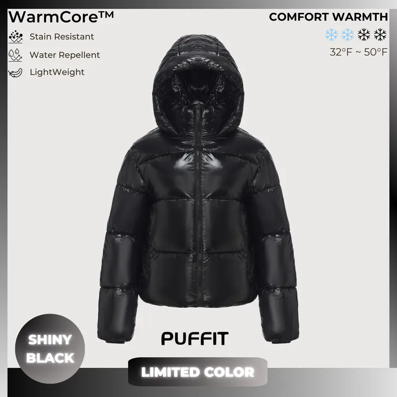 PUFFIT WarmCore Premium Short Puffer Jackets with Removable Hood & Optional Faux Fur Linging, Lady Casual Outerwear Longsleeves Zip Pockets Warm Quilted Coat