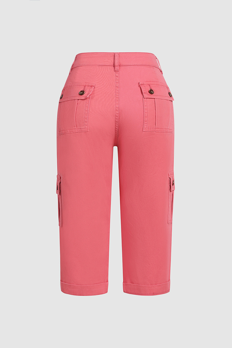 Roll Tab Hem Multi Pocket Capri Mid Waist Cargo Pants