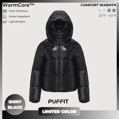 PUFFIT WarmCore Premium Short Puffer Jackets with Removable Hood & Optional Faux Fur Linging, Lady Casual Outerwear Longsleeves Zip Pockets Warm Quilted Coat
