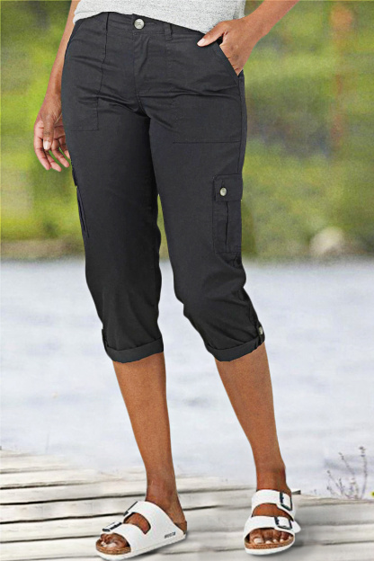 Roll Tab Hem Multi Pocket Capri Mid Waist Cargo Pants