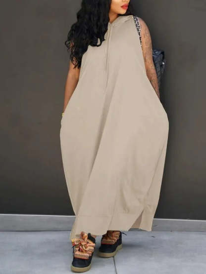 🔥Last day promotion⏰-Women's Plain Drawstring Hooded Tank Dress, Casual Pocket Sleeveless Maxi Dress for Summer, Fashion Women's Clothing for Daily Wear