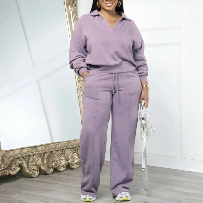 Women's Solid Long Sleeve Sweatshirt & Drawstring Waist Pants Set